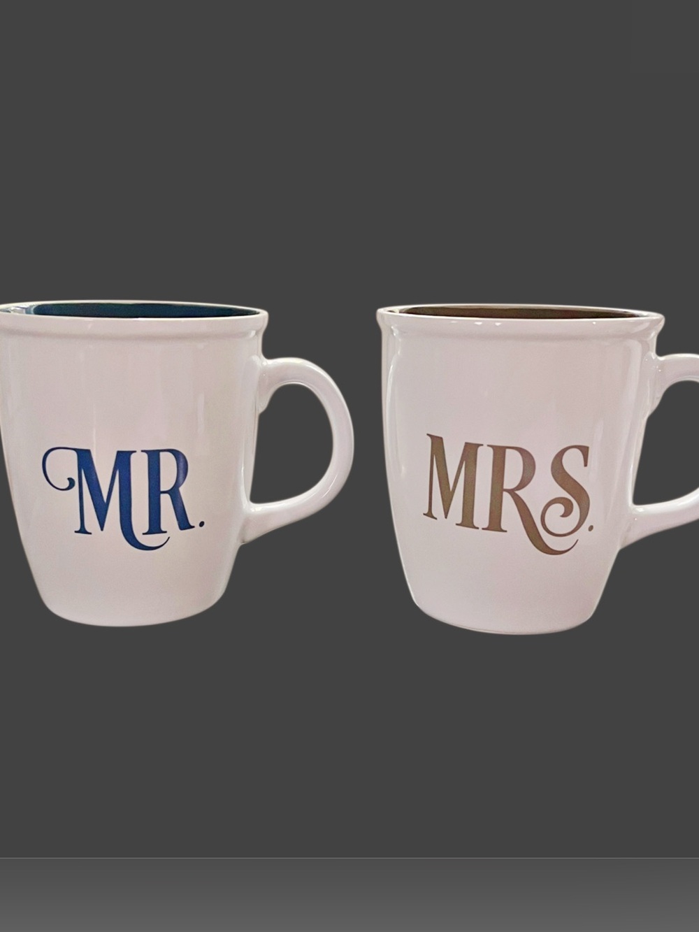 Mr. & Mrs. White Ceramic 14 oz Mug Set - Blue & Brown Lettering
